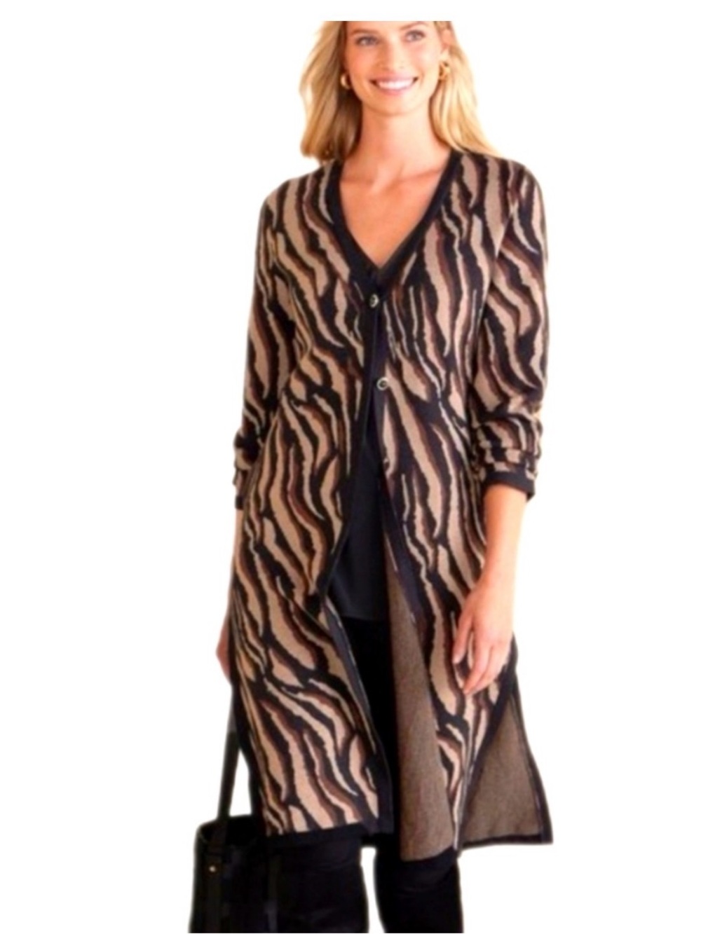 Soft Surroundings Veronica Jacquard Neutral Animal Brown Cardigan Size Medium MP